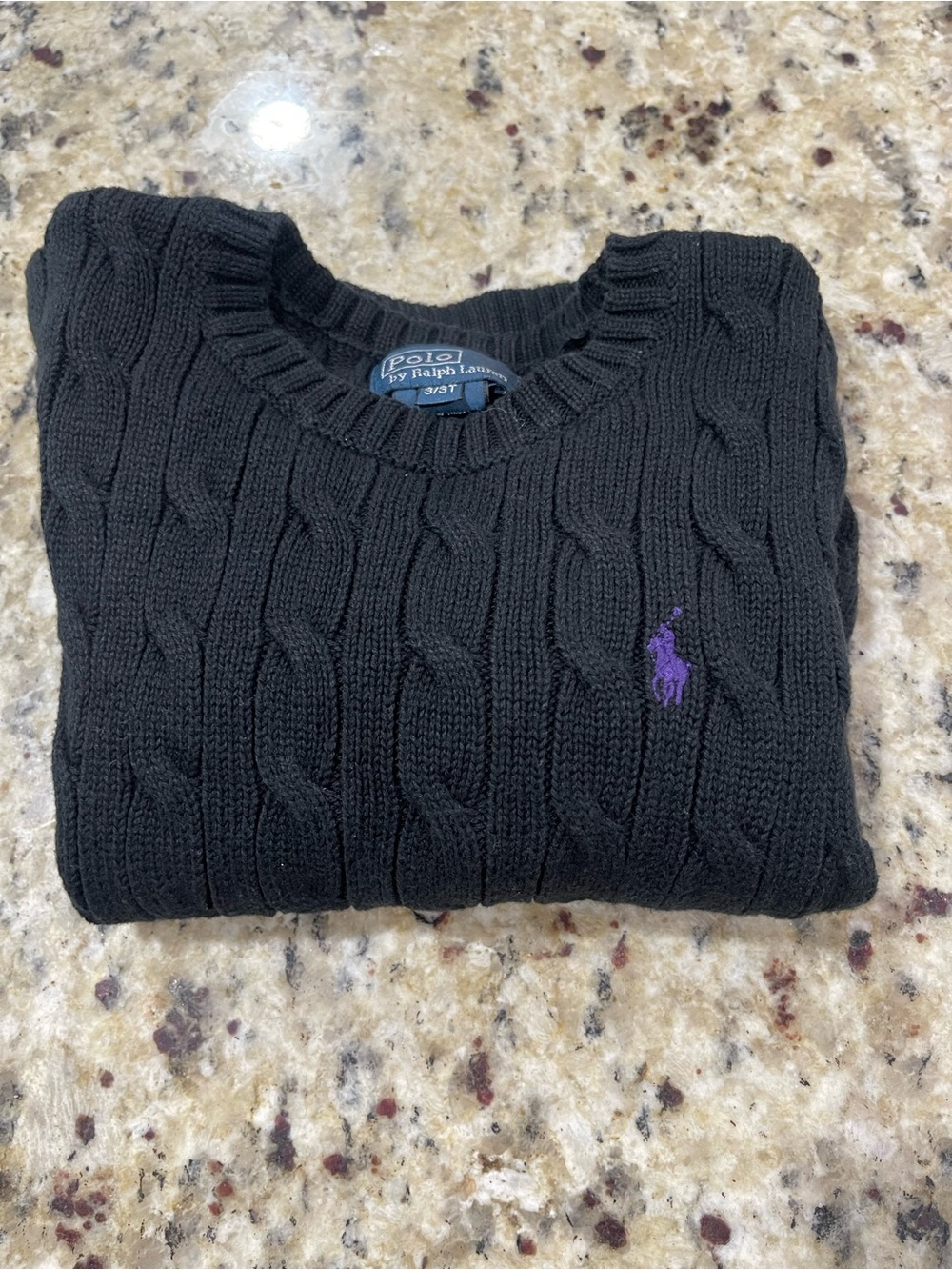 Polo by Ralph Lauren Black Cable Knit Sweater with Purple Pony